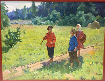 Oil painting To the Forest by Kogan-Shats Matviy Borysovych, three children in sunlit field