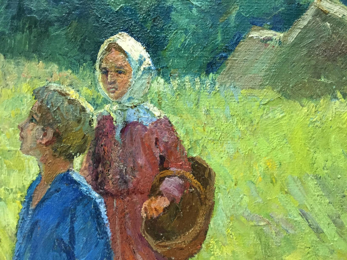 Rustic brown woven basket held by figure in To the Forest oil painting by Kogan-Shats Matviy Borysovych