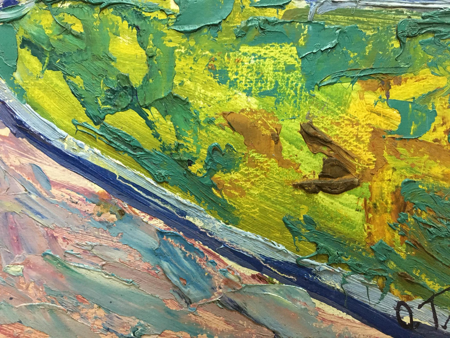 Vibrant impressionist oil landscape by Glushchenko with church, textured green yellow strokes, blue line