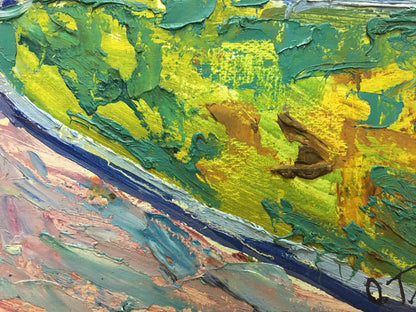 Vibrant impressionist oil landscape by Glushchenko with church, textured green yellow strokes, blue line