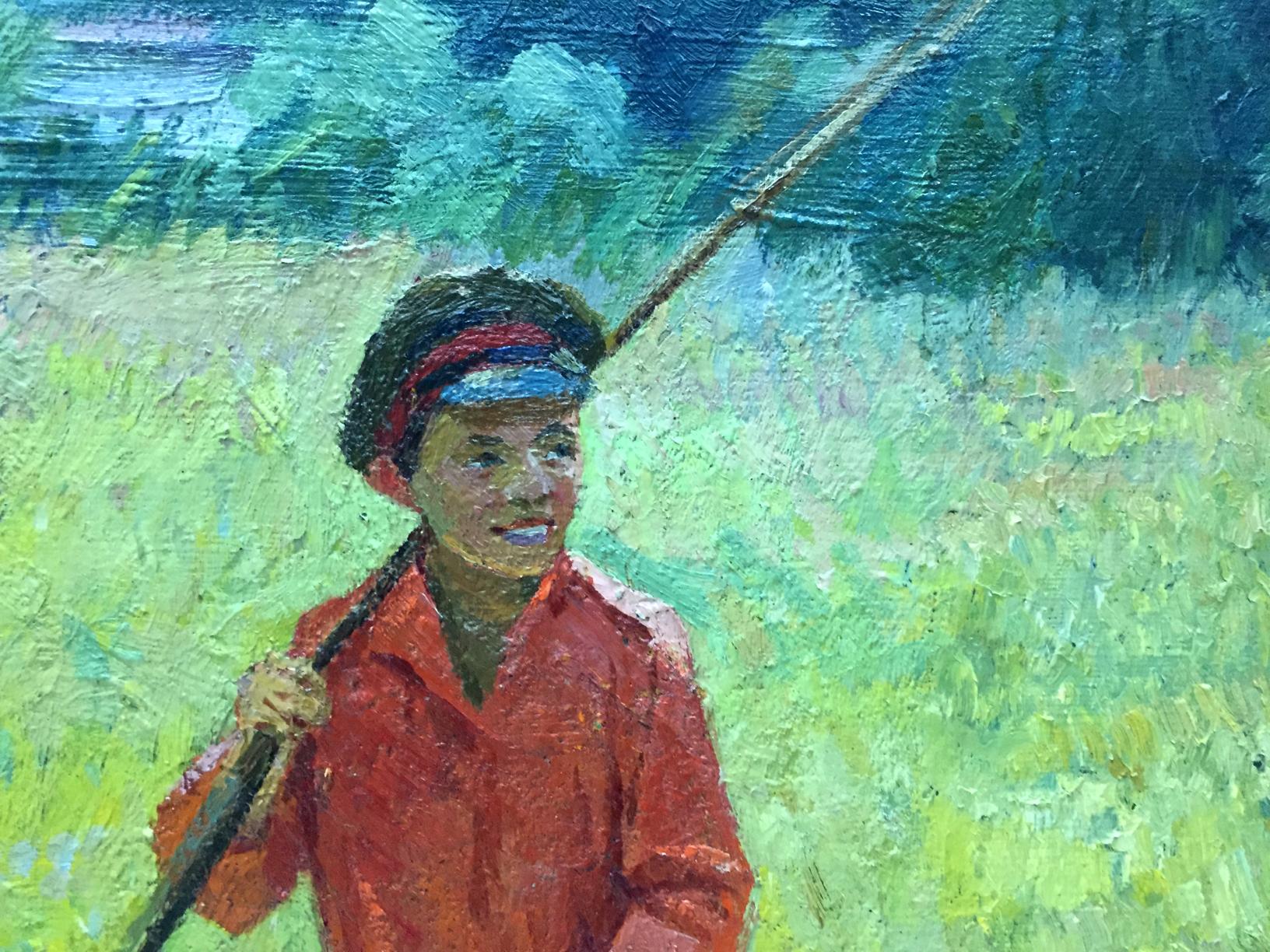 Oil painting To the forest by Kogan-Shats Matviy Borysovych: boy with pole in field