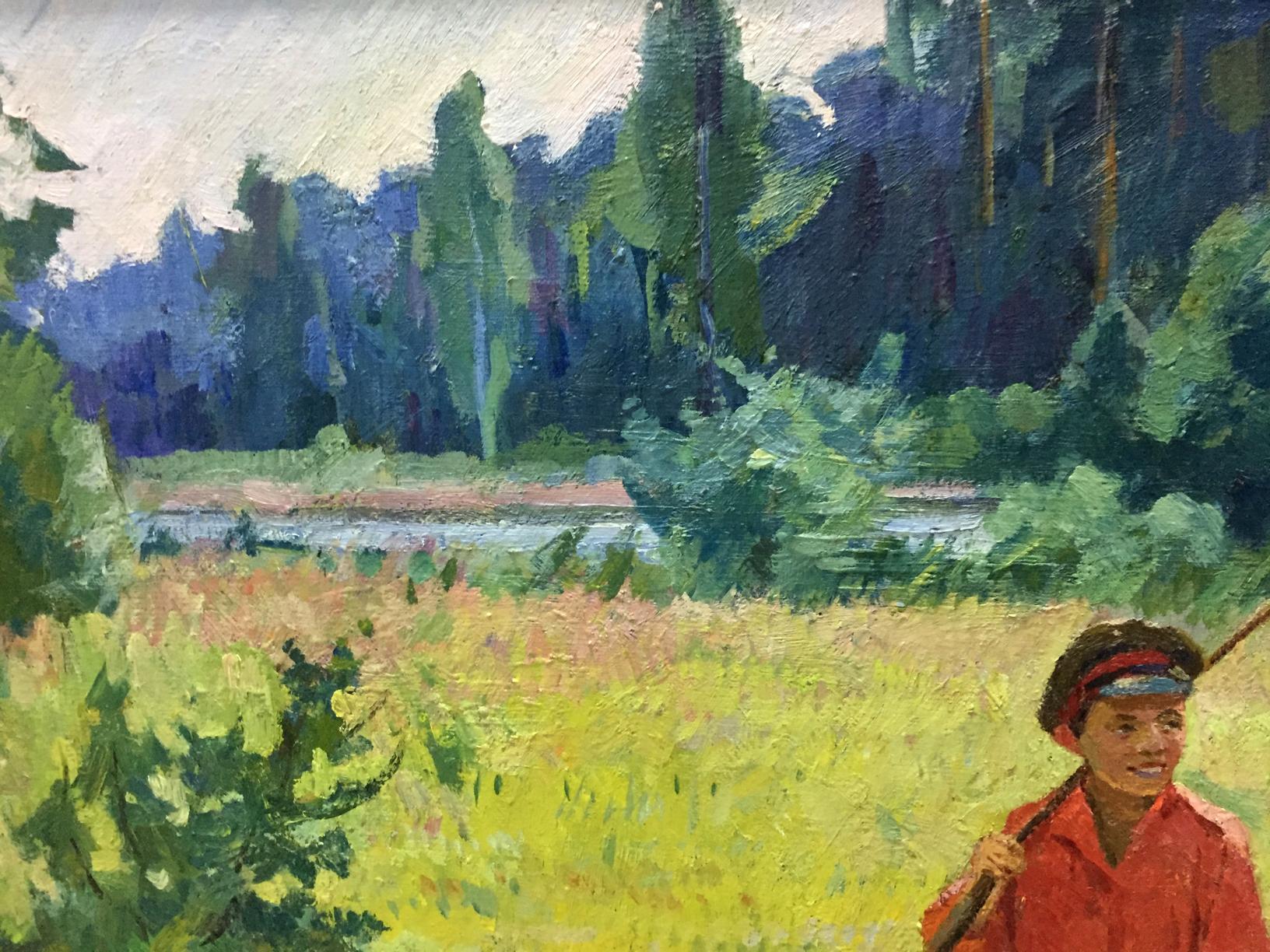 Oil painting To the forest by Kogan-Shats Matviy Borysovych: boy with fishing rod in green fields