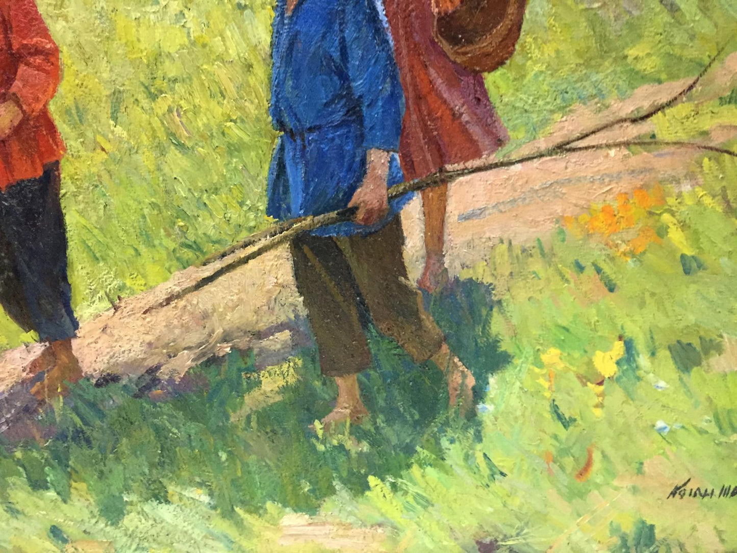 Oil painting To the forest by Kogan-Shats Matviy Borysovych: barefoot figure in blue jacket walks through grass with pole