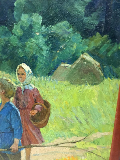 Oil painting To the forest by Kogan-Shats Matviy Borysovych: woman in red dress holds basket