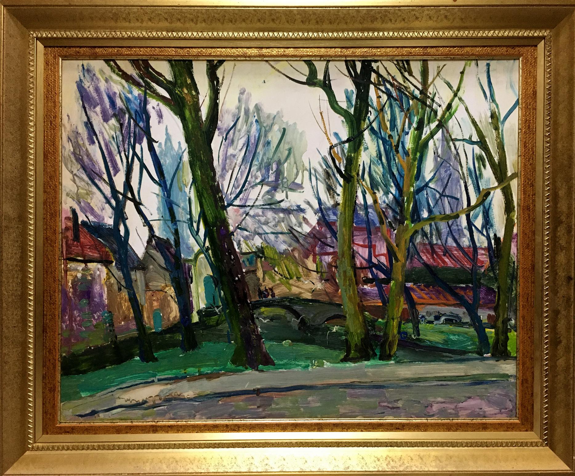 Vibrant impressionist oil painting View of the village by Glushchenko in ornate gold frame