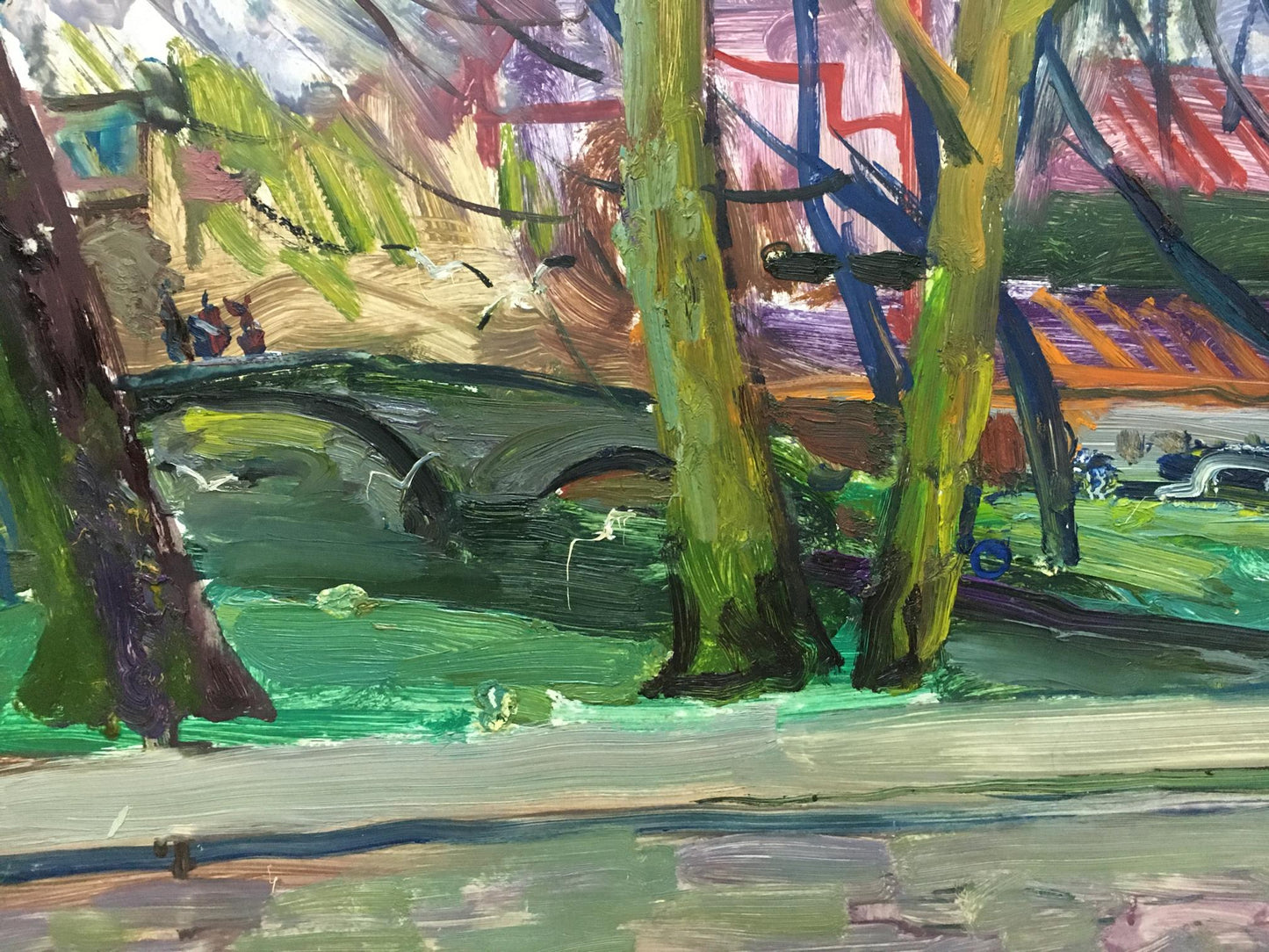 Oil painting View of the village by Glushchenko Nikolay Petrovich with vibrant green trunks