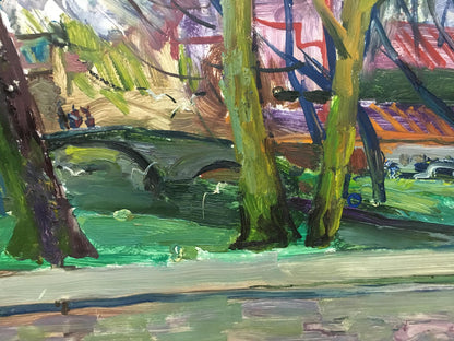 Oil painting View of the village by Glushchenko Nikolay Petrovich with vibrant green trunks