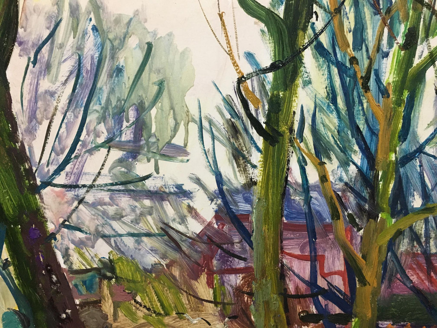 Oil painting View of the village by Glushchenko, abstract watercolor trees