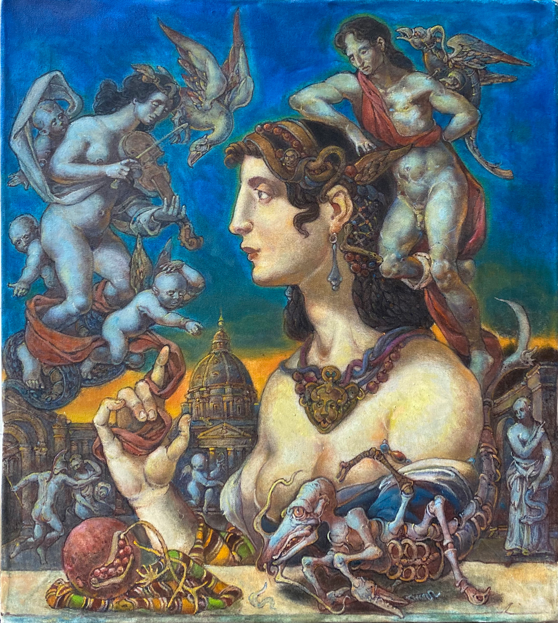 Surreal oil painting by Litvinov Oleg Arkad’yevich: goddess with cherubs