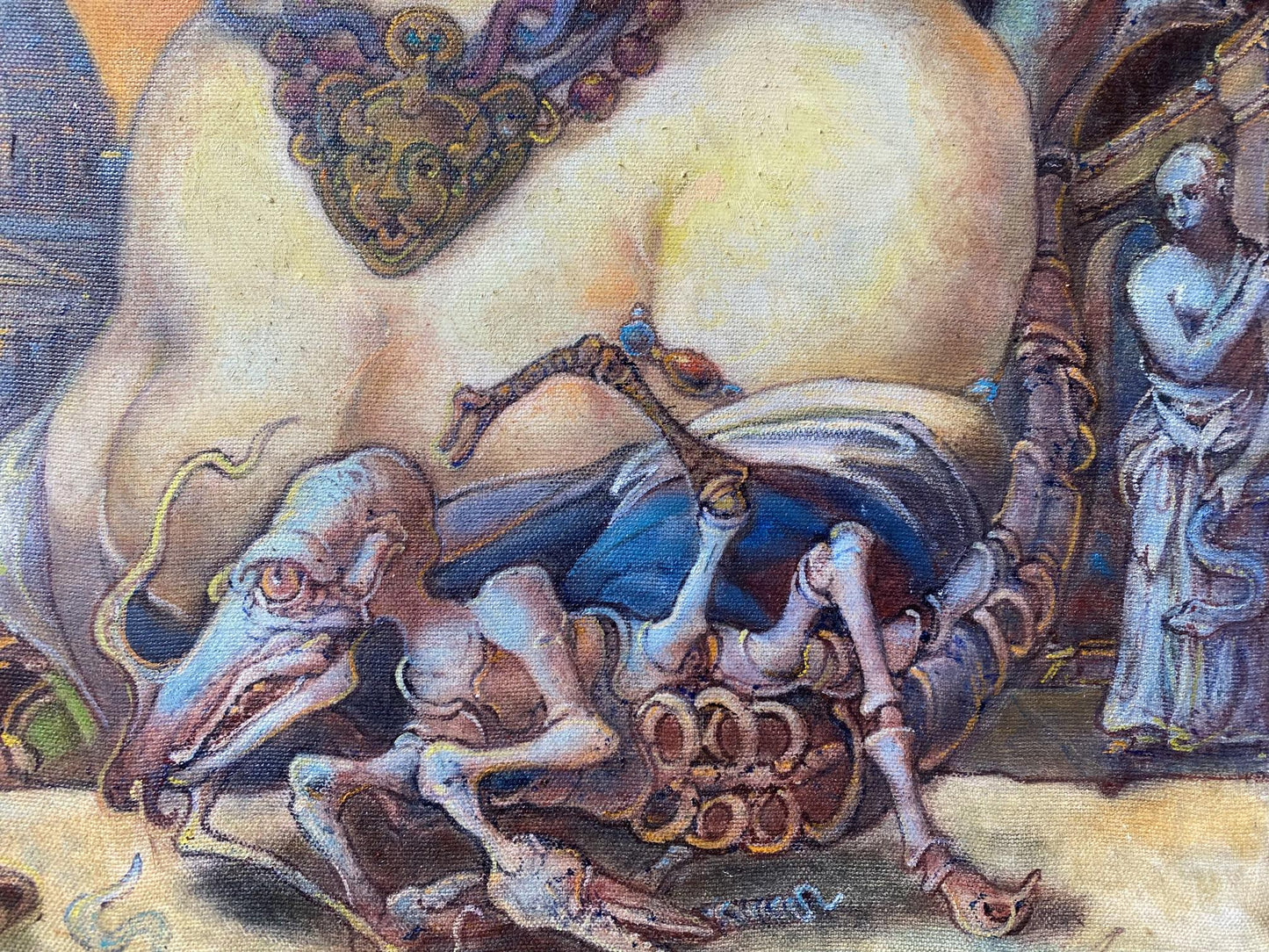 Oil painting of skeletal figure in blue gold armor by Litvinov Oleg Arkadyevich