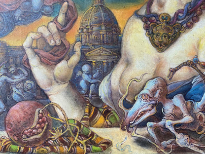 Golden lion-headed necklace on Oil painting Covid in Rome by Litvinov Oleg Arkad’yevich