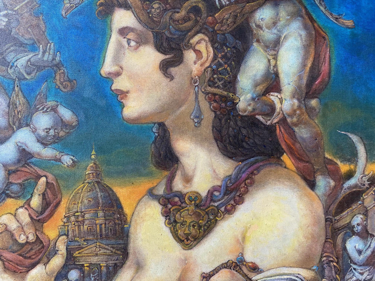 Oil painting of woman with dark curly hair in gold purple jewelry by Litvinov Oleg Arkadyevich