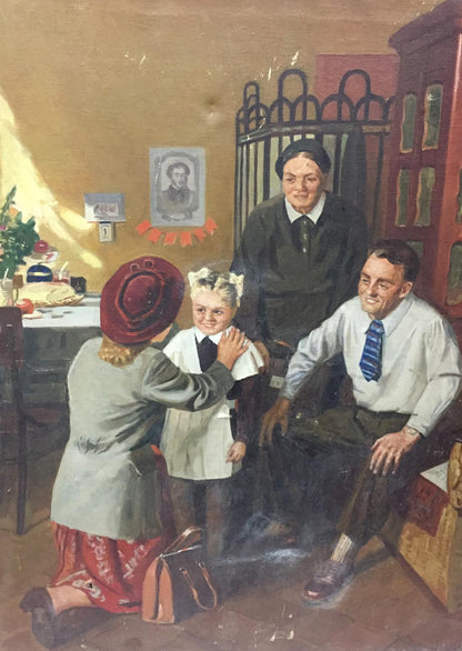 Vintage oil painting of daughter going to school with family in period attire