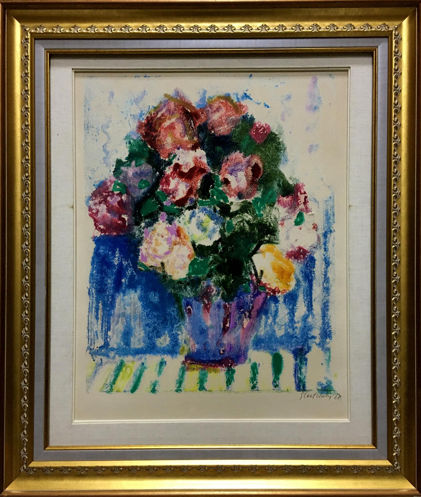 Vibrant impressionist painting of roses bouquet in purple vase by Glushchenko Nikolay Petrovich, ornate gold frame