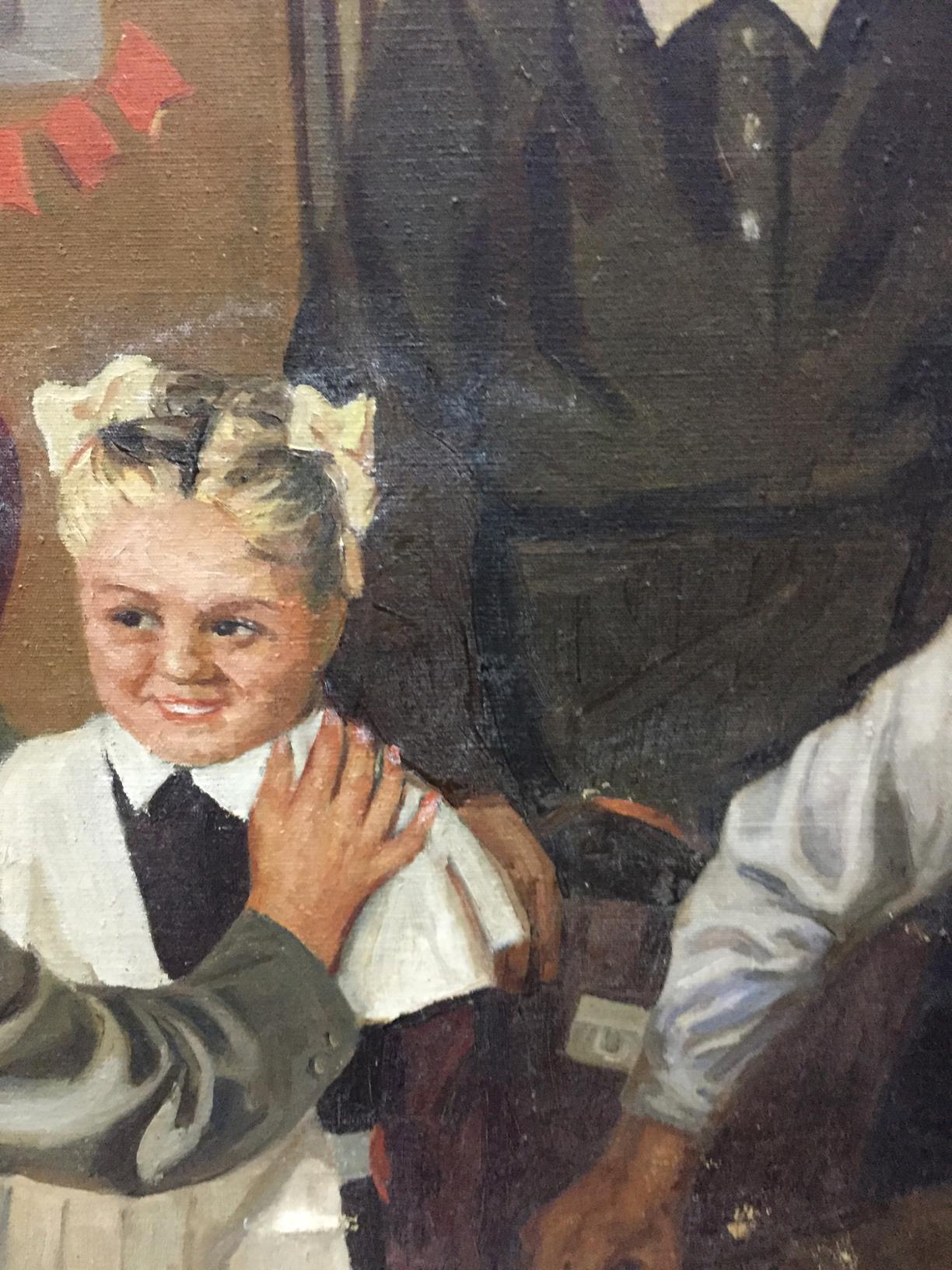 Oil painting of daughter going to school, blonde girl in buns with bows, blouse, tie