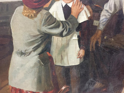Oil painting of daughter going to school in white jacket and black tie