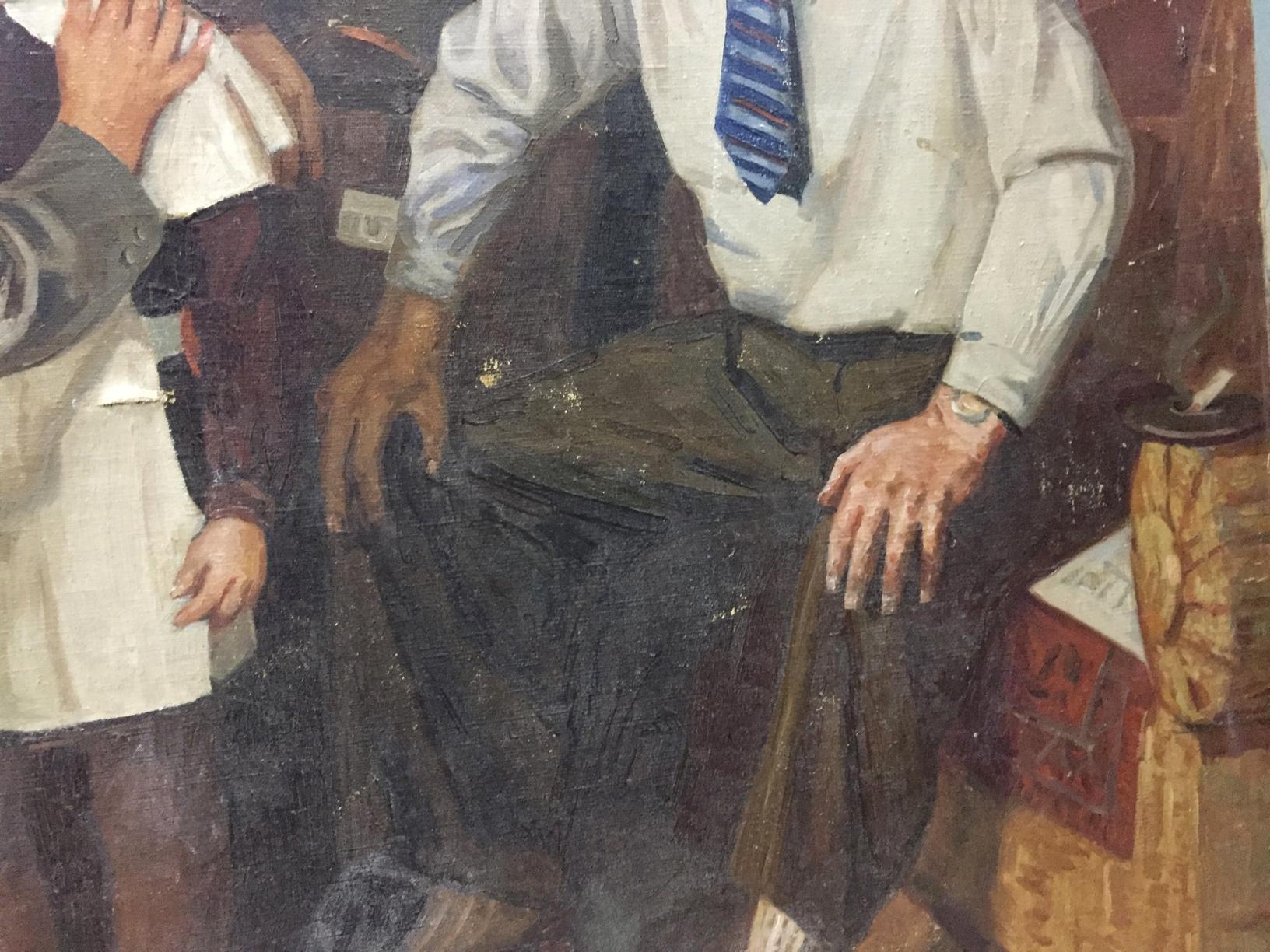 Oil painting of daughter going to school: man in white shirt, green trousers, blue tie