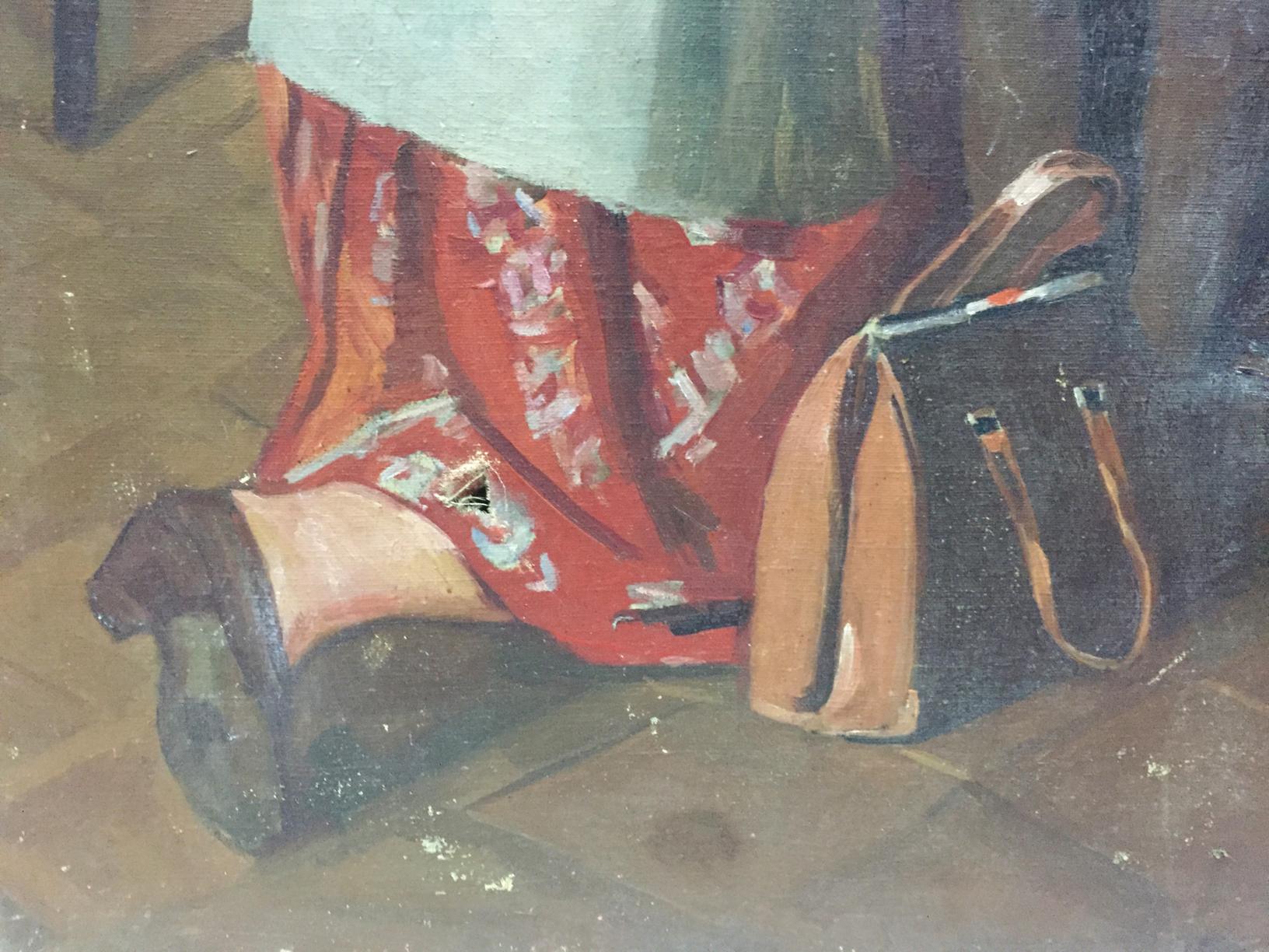 Oil painting Daughter going to school: tan black leather satchel with brown straps