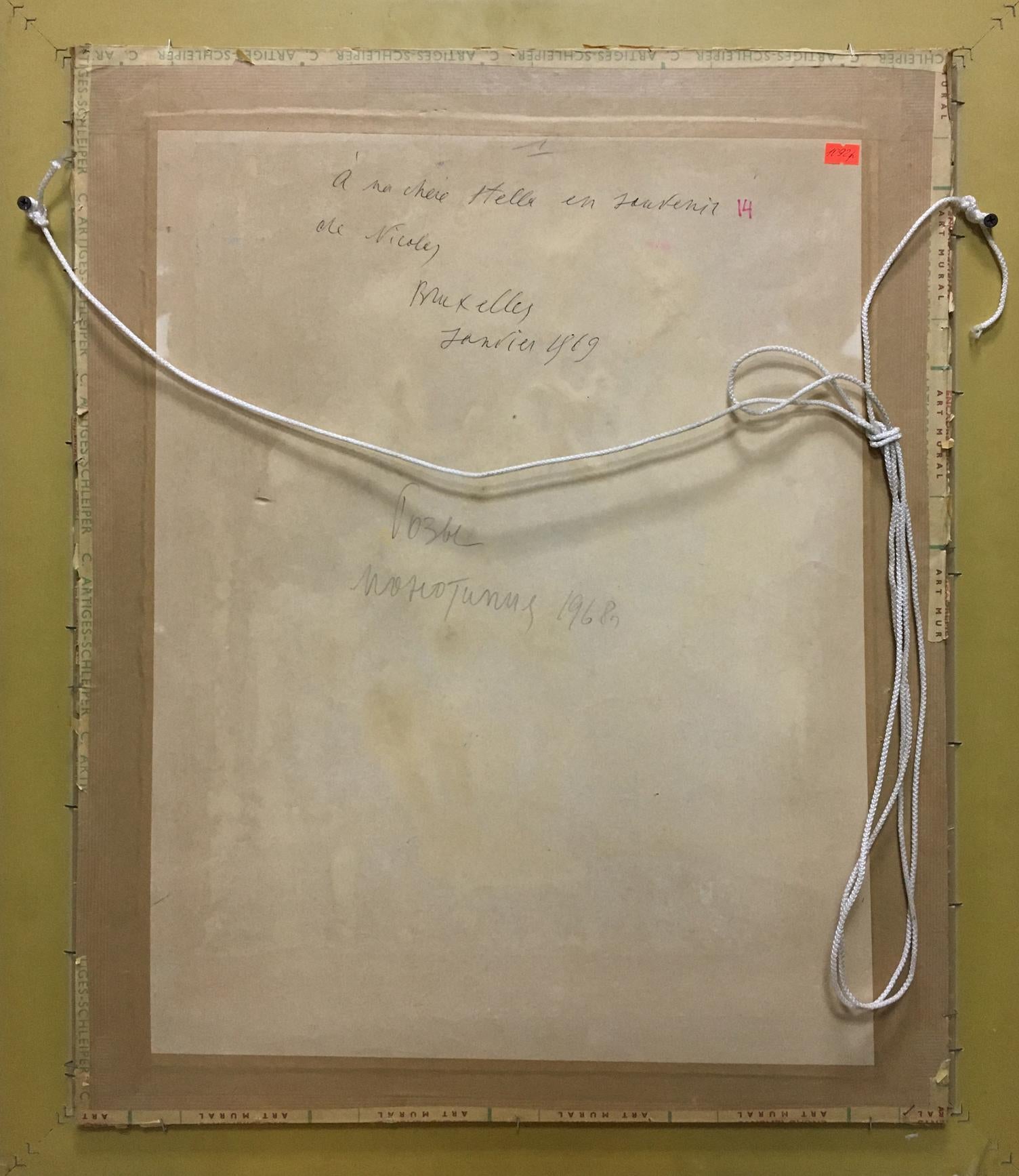Back of Painting Roses by Glushchenko Nikolay Petrovich, beige document with handwritten text tied by white string