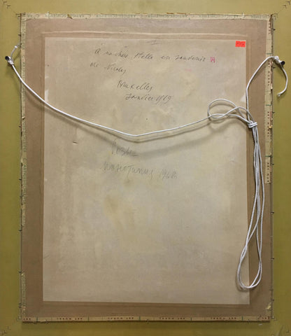 Back of Painting Roses by Glushchenko Nikolay Petrovich, beige document with handwritten text tied by white string