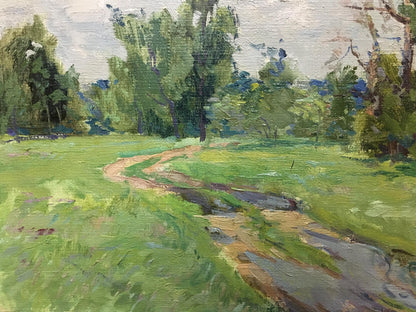 Vibrant impressionist oil painting by Glushchenko Nikolay Petrovich of winding path through lush green fields