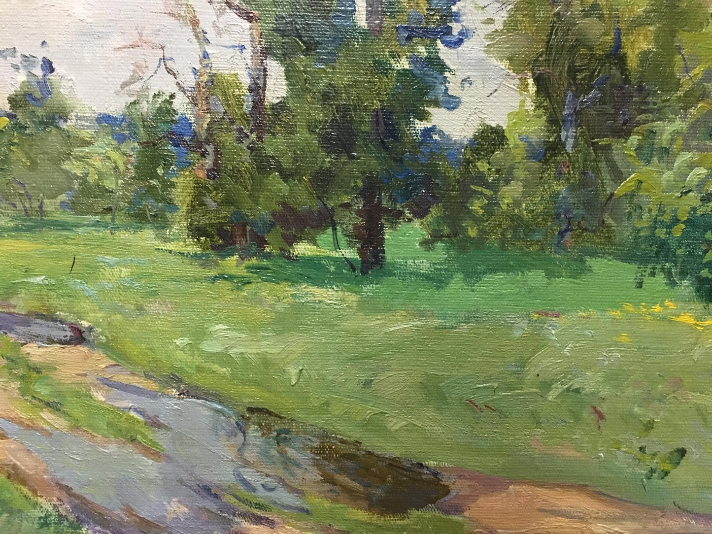 Vibrant impressionist oil painting by Glushchenko Nikolay Petrovich: sunlit green field with trees and stream