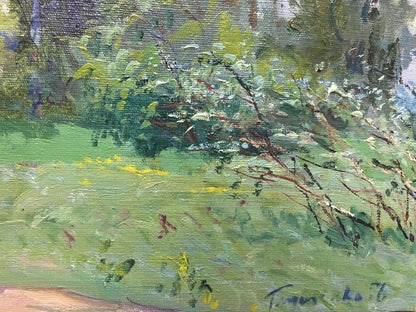 Oil painting by Glushchenko Nikolay Petrovich: lush green landscape with dappled sunlight and yellow flowers