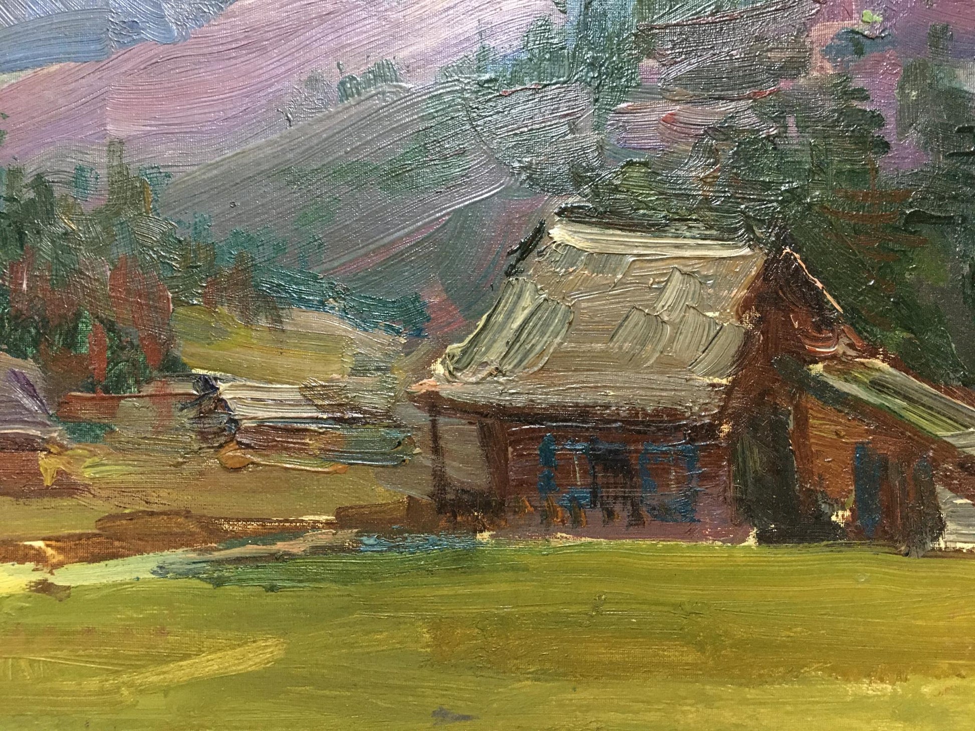 Oil painting by Glushchenko Nikolay Petrovich of rustic thatched house in hills