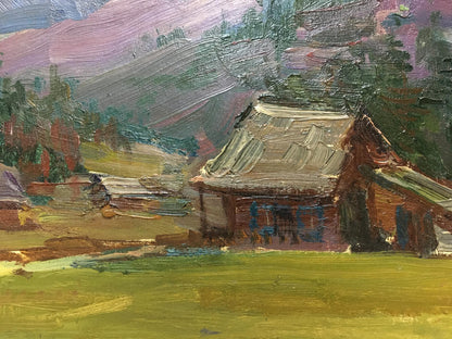Oil painting by Glushchenko Nikolay Petrovich of rustic thatched house in hills