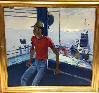 Oil painting of lifeguard on ship by Egor Tolkunov, man in red shirt on boat