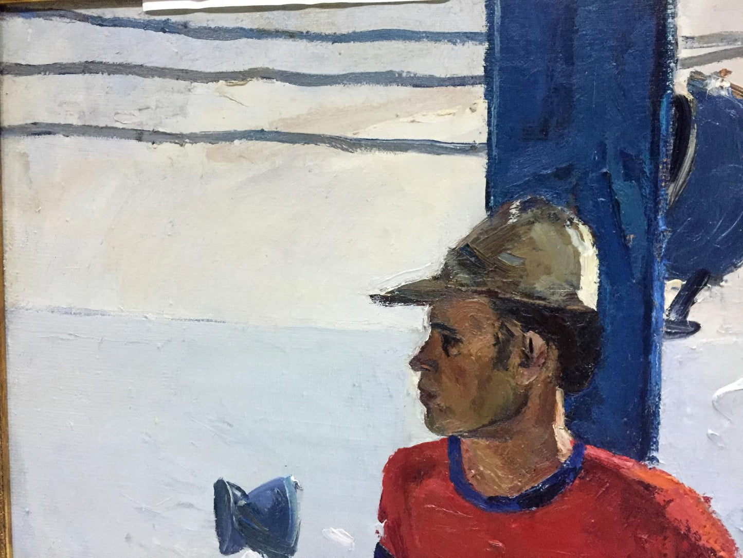 Oil painting of lifeguard on ship by Egor Tolkunov, man in profile