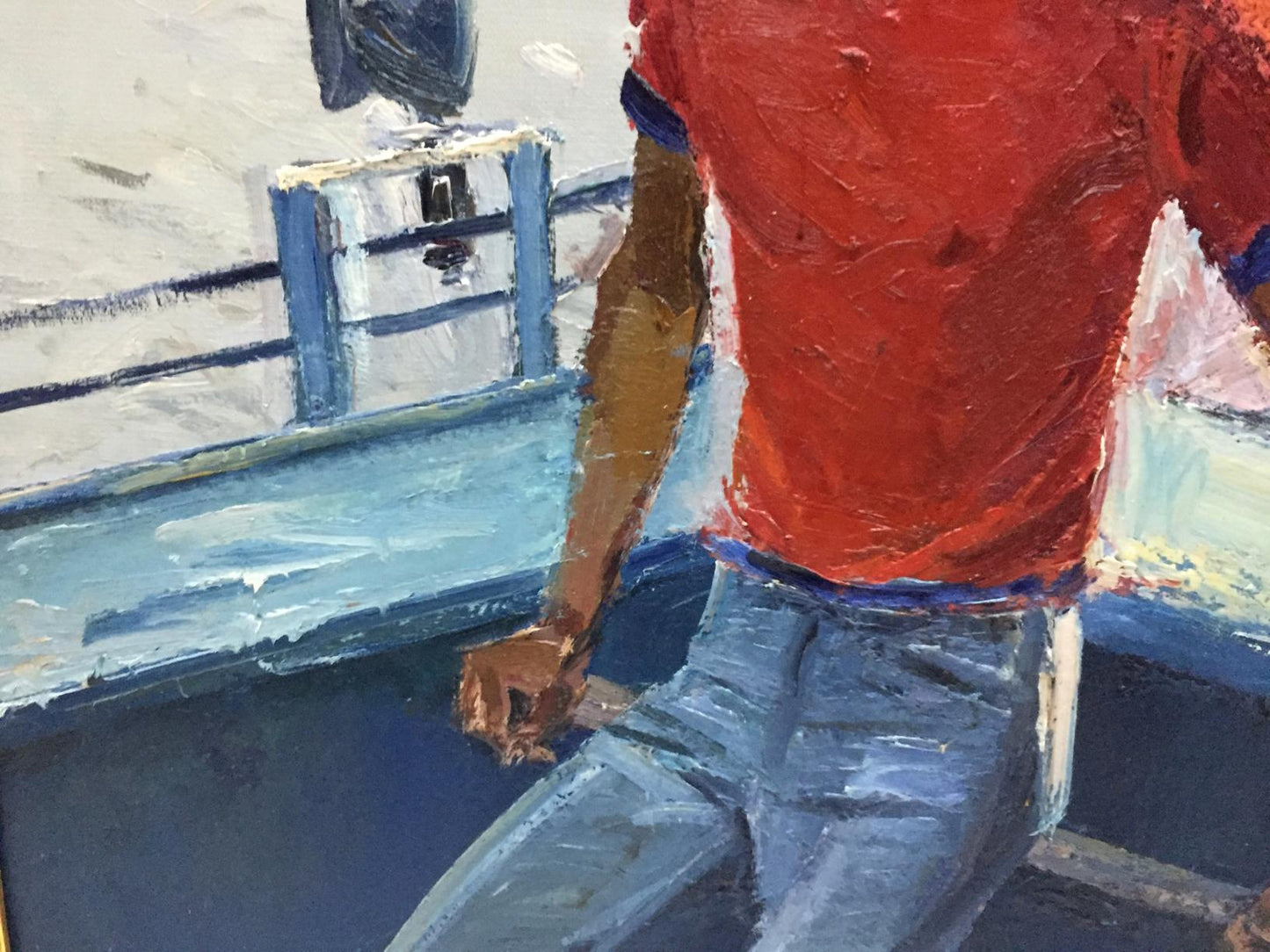 Oil painting of lifeguard on ship by Egor Tolkunov, vibrant red shirt with blue trim