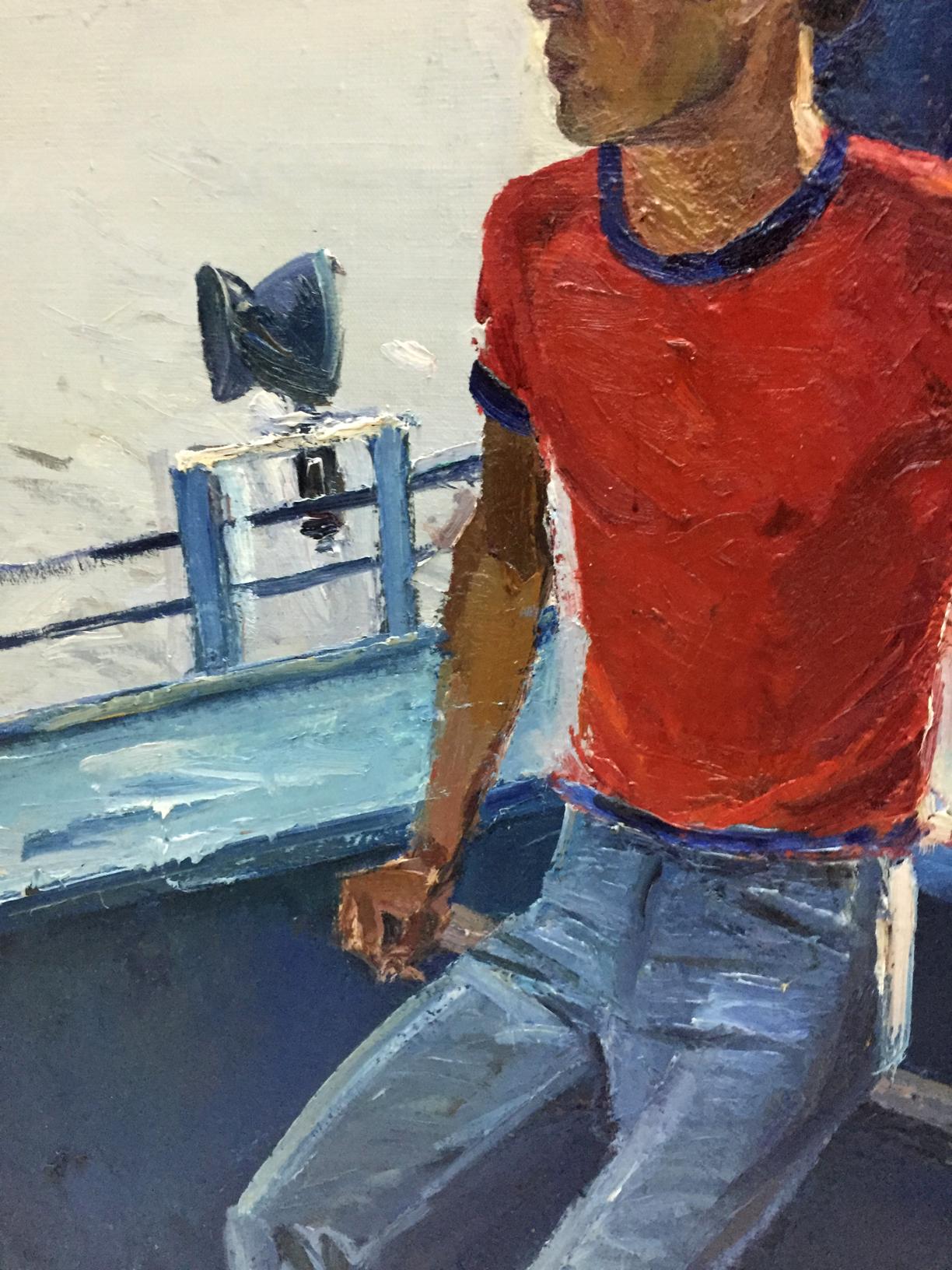 Oil painting of lifeguard on ship in red shirt by Egor Tolkunov