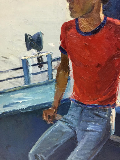 Oil painting of lifeguard on ship in red shirt by Egor Tolkunov