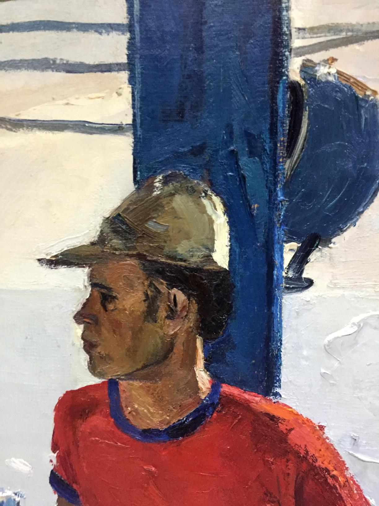 Impressionistic oil painting of lifeguard on ship in red shirt by Egor Tolkunov