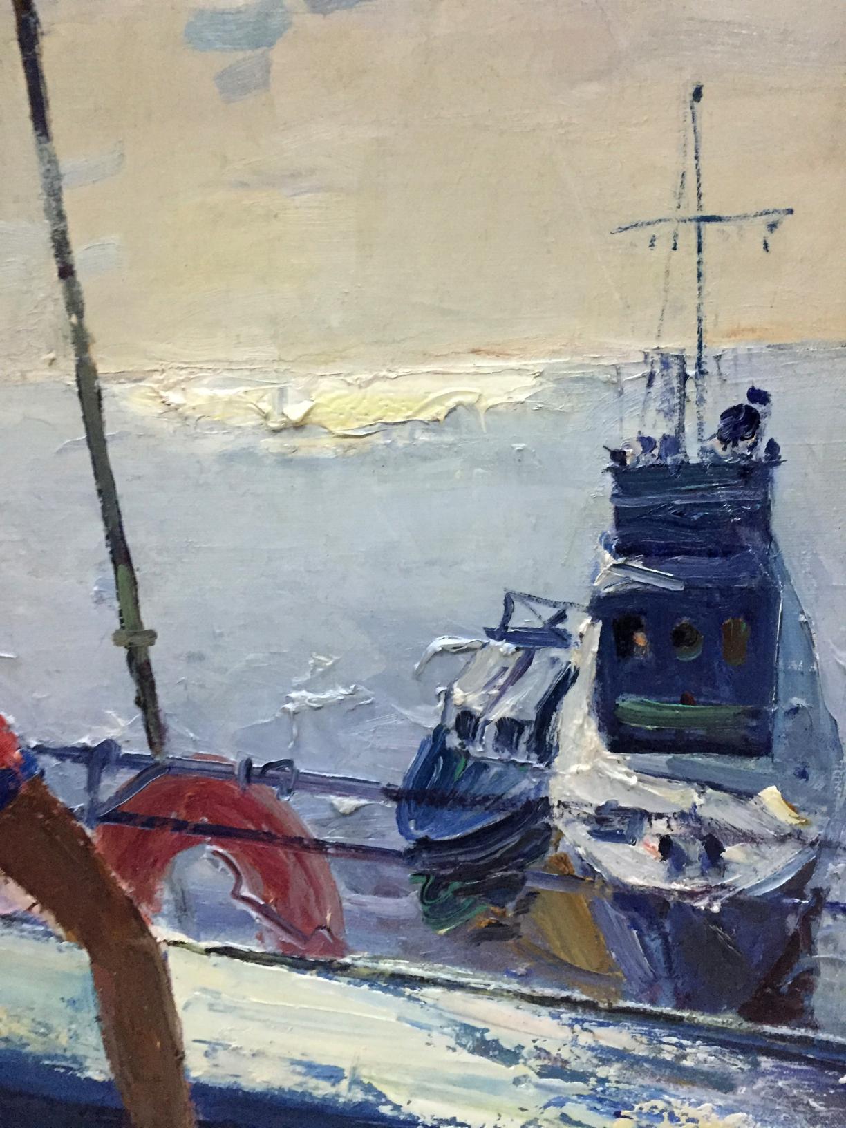 Impressionistic oil painting of lifeguard on blue fishing boat by Egor Tolkunov