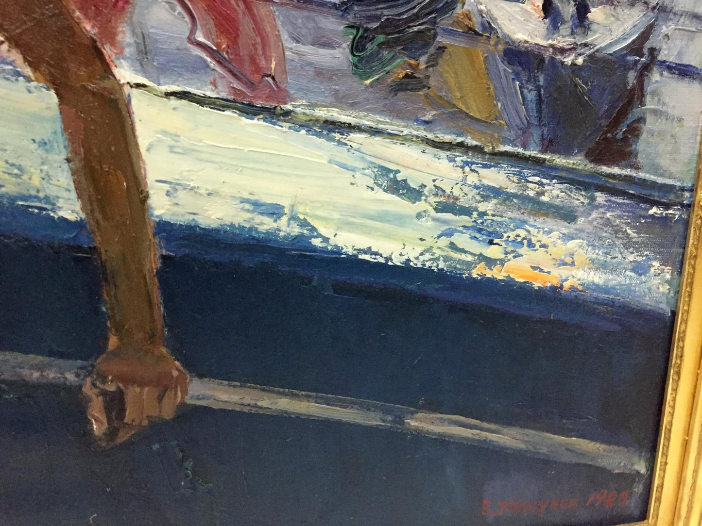 Oil painting of lifeguard on ship by Egor Tolkunov, textured blue-white strokes