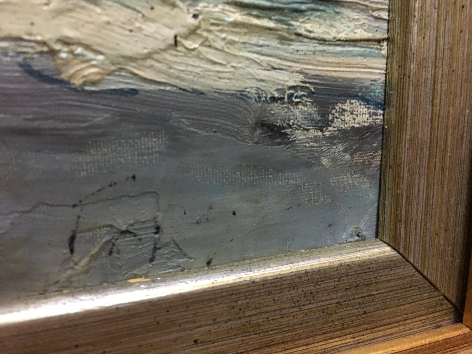 Textured gray blue oil painting Near the shore with a girl by Glushchenko in wood frame