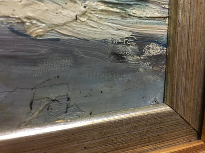 Textured gray blue oil painting Near the shore with a girl by Glushchenko in wood frame
