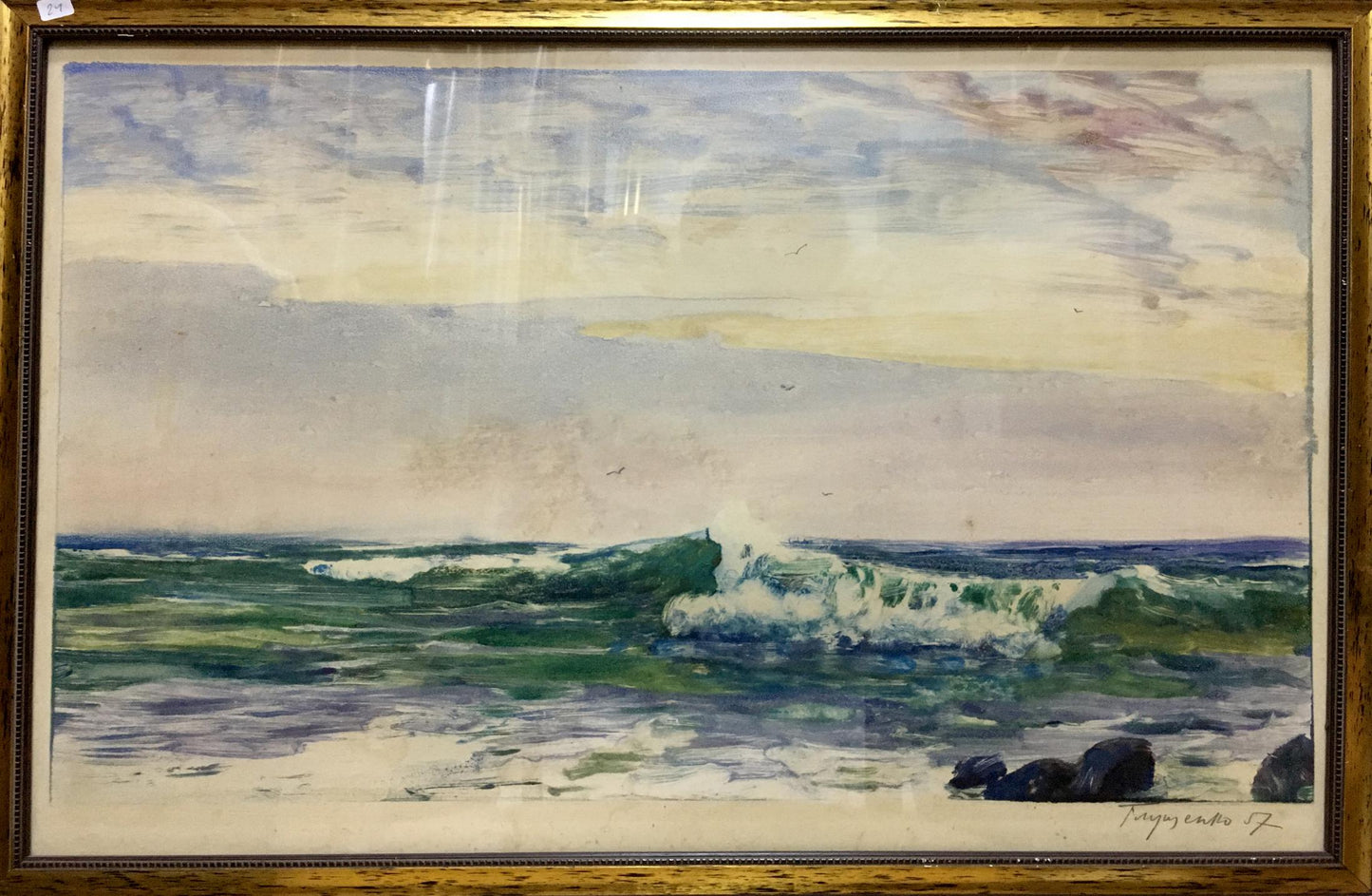 Framed watercolor ocean waves painting by Sea Glushchenko Nikolay Petrovich