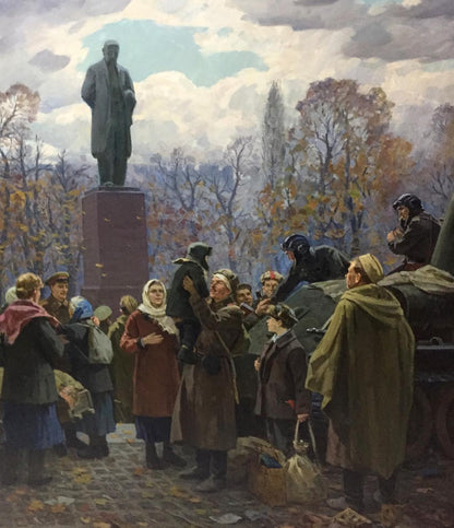 Dark bronze statue of man in coat on pedestal in Petukhov Vasily Afanasevich oil painting