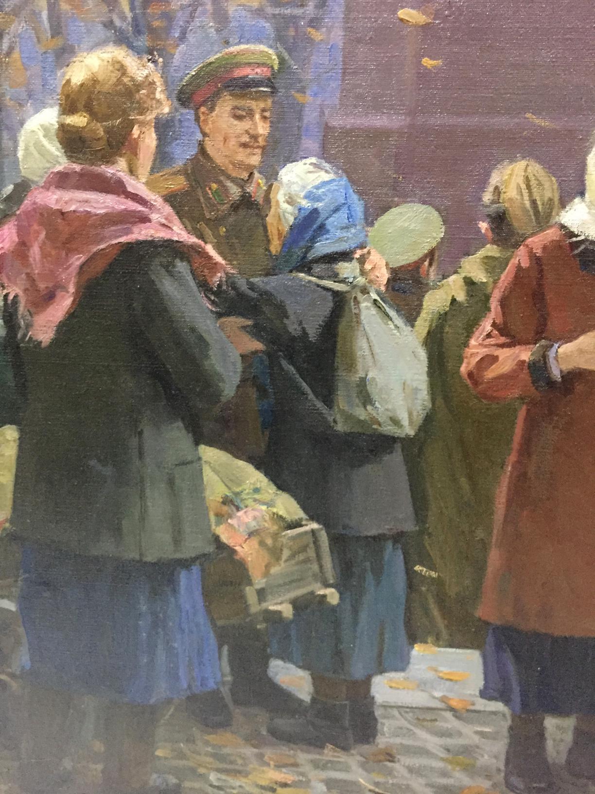 Oil painting We have returned by Petukhov Vasily Afanasevich depicts soldier in uniform among civilians on cobblestone street