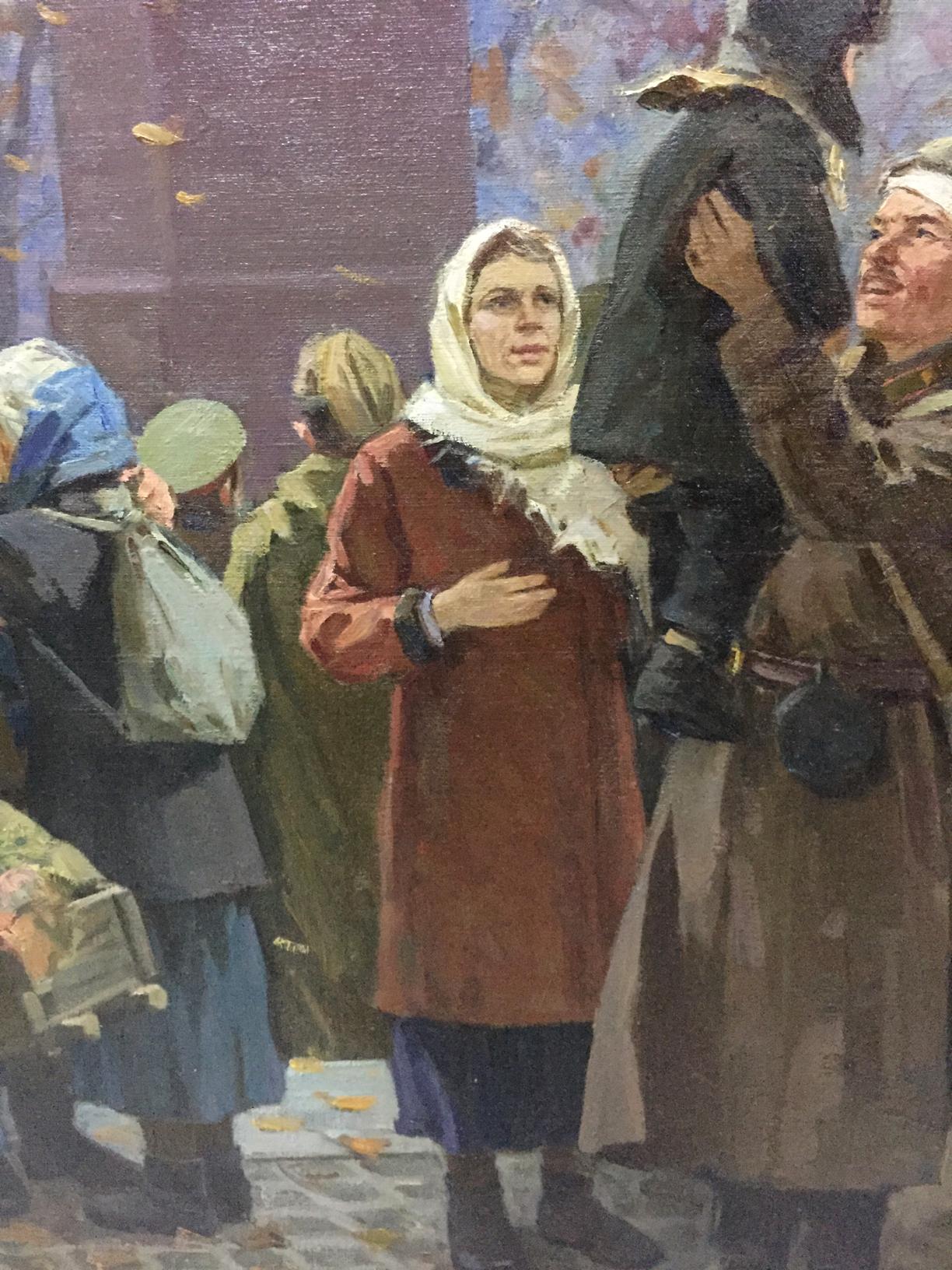 Oil painting We have returned by Petukhov Vasily Afanasevich with woman in rust coat