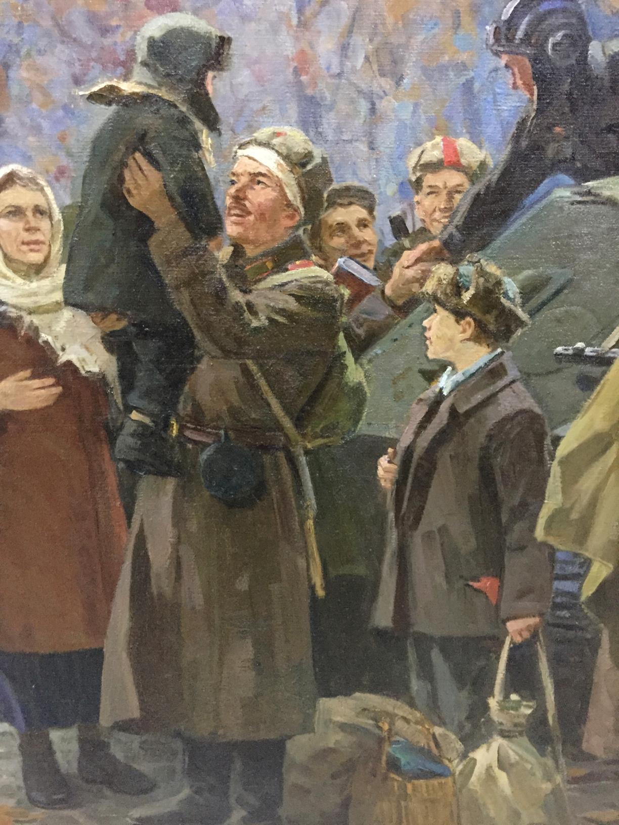 Oil painting by Petukhov Vasily Afanasevich: soldier in brown coat holds child