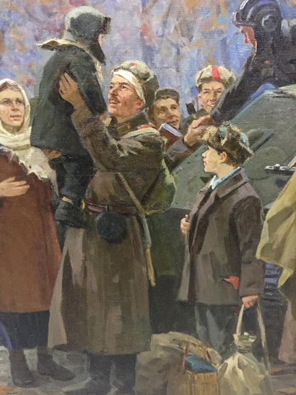Oil painting by Petukhov Vasily Afanasevich: soldier in brown coat holds child