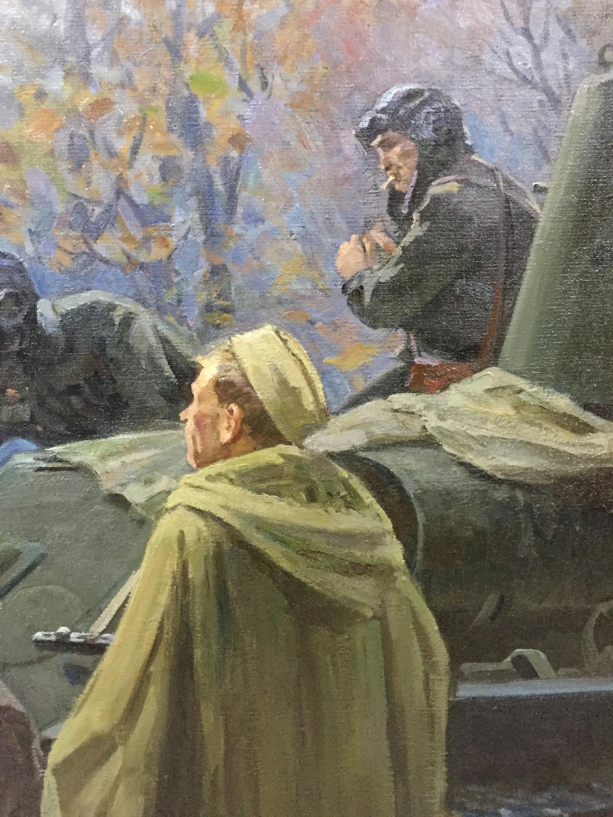 Oil painting We have returned by Petukhov Vasily Afanasevich: soldier on tank smoking