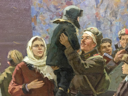 Oil painting We have returned by Petukhov Vasily Afanasevich: soldier holds child
