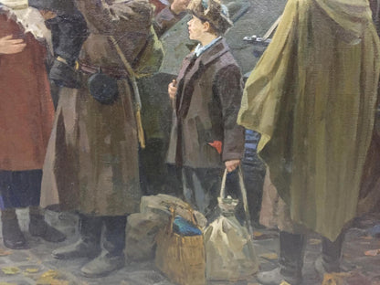 Oil painting by Petukhov Vasily Afanasevich: boy in brown coat and hat with woven bag