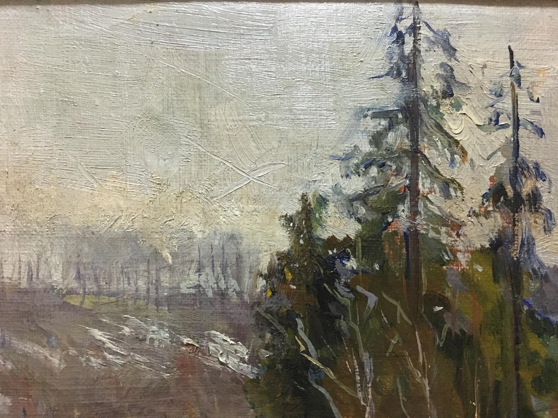Oil painting End of Winter by Glushchenko Nikolay Petrovich misty forest scene