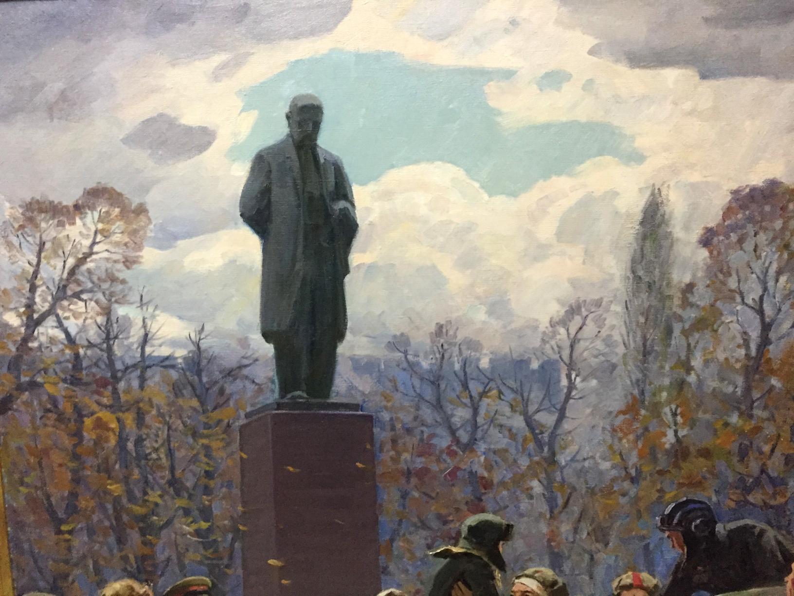 Dark green bronze statue of man in formal attire on pedestal in Petukhovs Oil painting